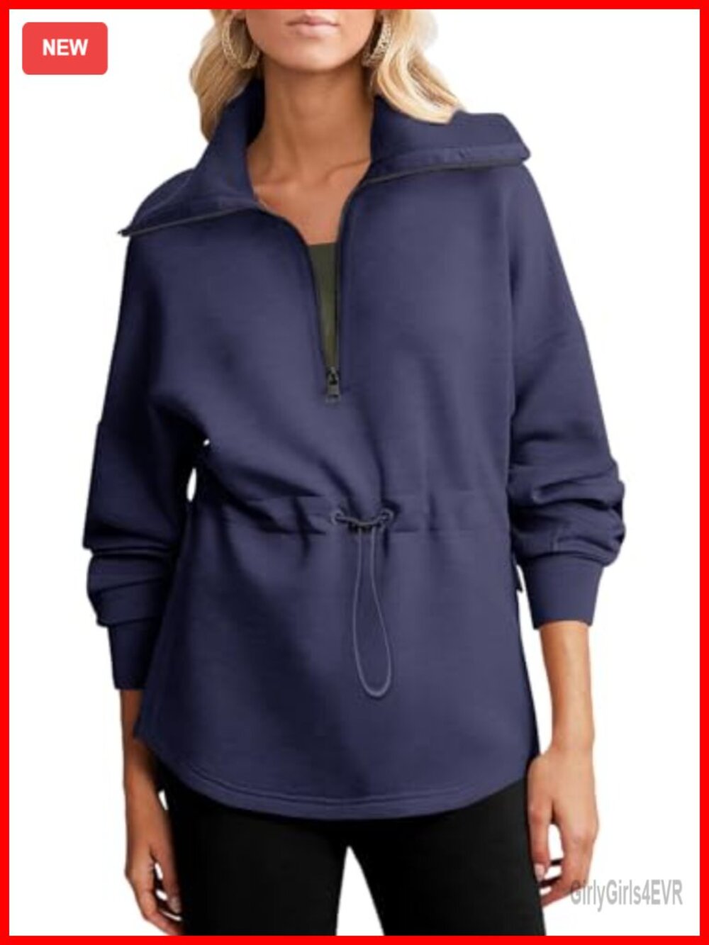 Oversized Half Zip Sweatshirt Drawstring Waist Side Slits Soft Casual Pullover
